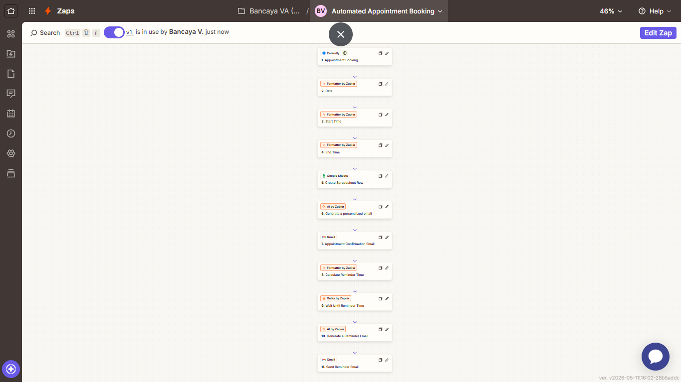 Zapier workflow diagram of a booking confirmation and reminder sequence