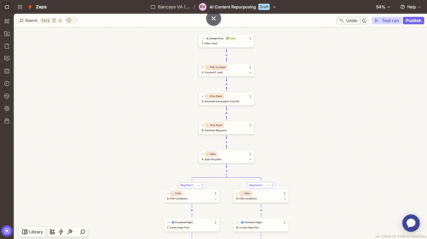 Zapier workflow diagram of an AI content repurposing engine