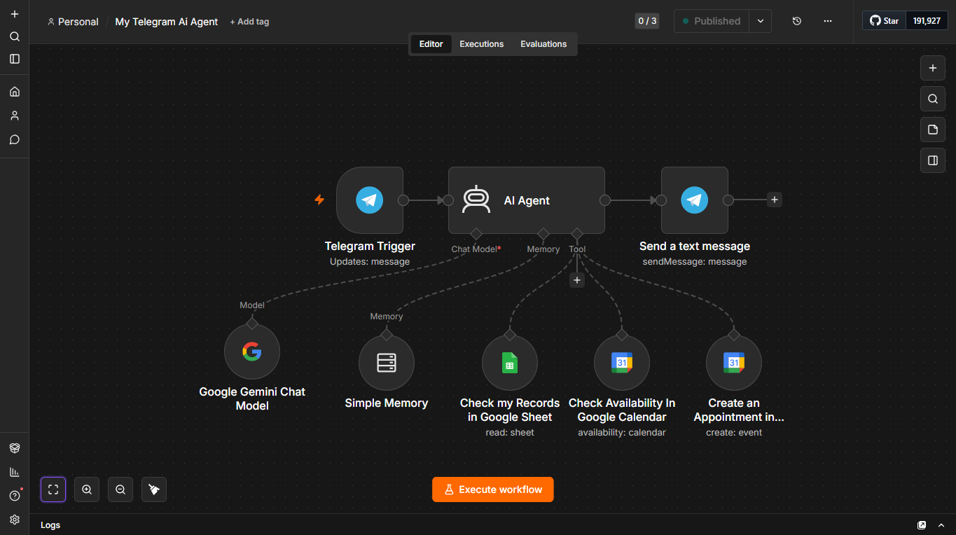 Sample n8n workflow for a chat-based scheduling assistant connected to records and Google Calendar